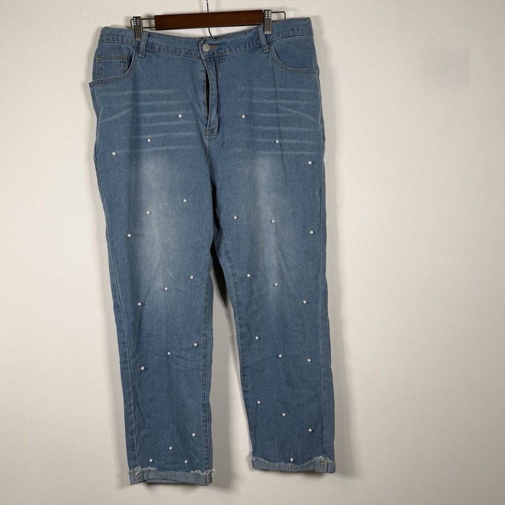 SHEIN‎ Women's Jean Pearl Embellishment Light Wash Elastic Waist Size 2XL